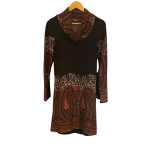 Vintage style Natura Dress brown long sleeve w/ cowl neck & 70s print.